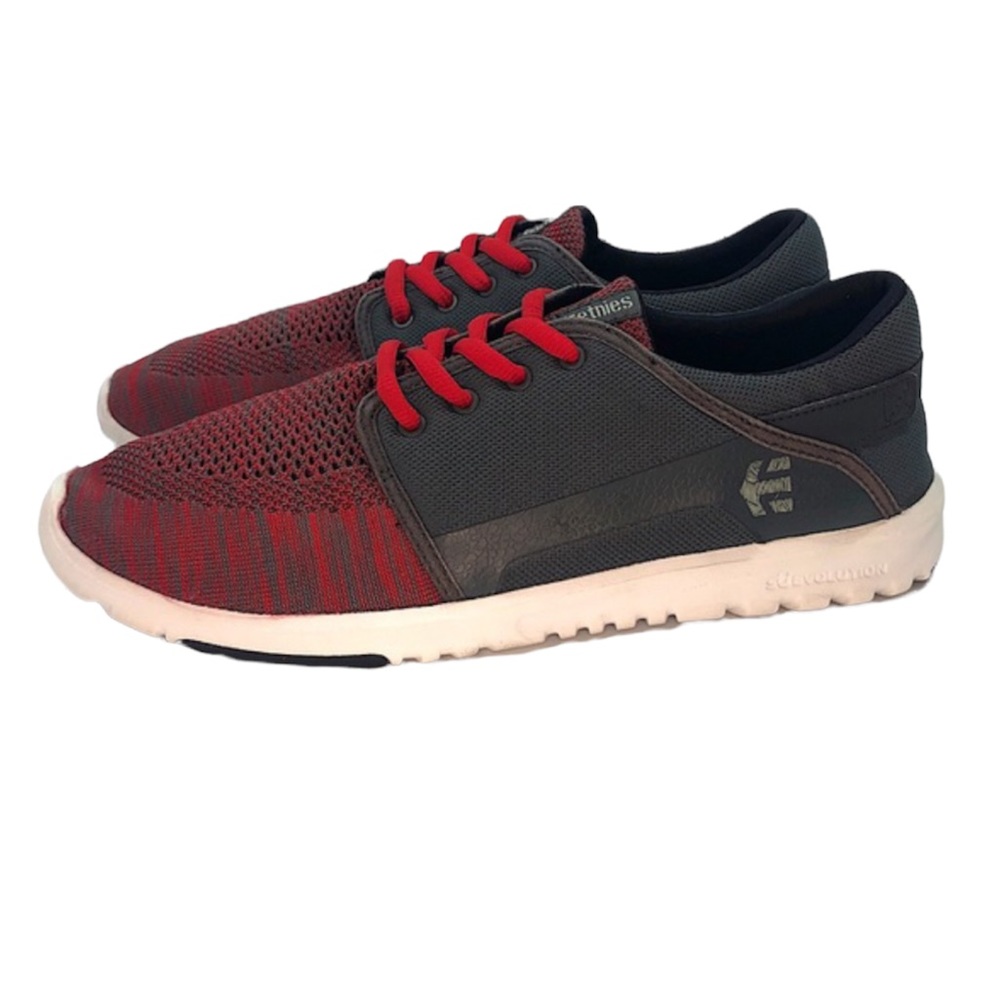 ETNIES Scout MENS size 12 athletic skate sneakers red grey shoes WOMENS 10.5